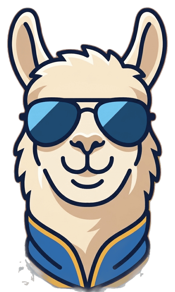 Alphonso the llama, wearing sunglasses and a blue and gold jacket